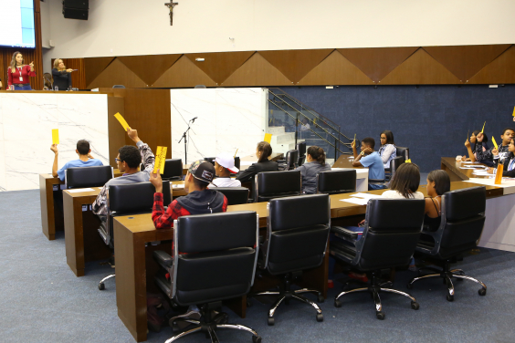 jovens ocupam seus lugares nas cadeiras do Plenário e exibem cartões de votação