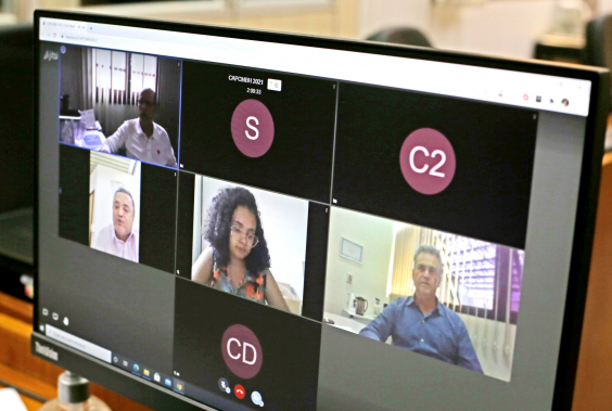 Imagem da tela do computador com vereadores que participam   da reunião remota 