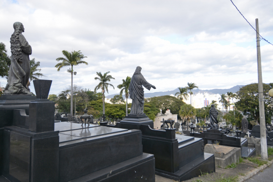 Estátuas de mármores no Cemitério do Bonfim voltadas para o horizonte. Ao fundo, palmeiras, prédios e montanhas