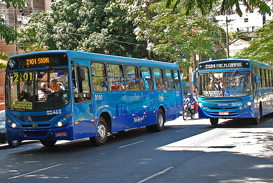 Dois ônibus transitam em avenida arborizada, durante o dia.