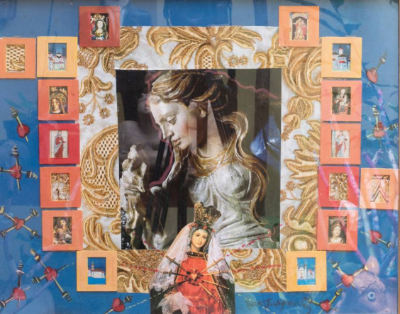 Colagem com diversas imagens de nossa senhora e texturas