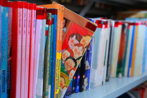 Livros didáticos em prateleira de biblioteca