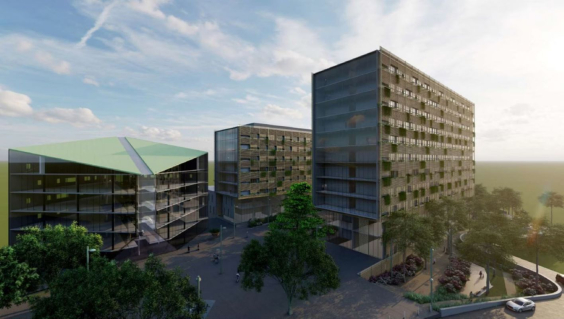 Projeto do complexo com três edifícios altos e espelhados