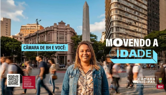 Campanha da CMBH mostra mulher na Praça Sete, com pessoas ao fundo