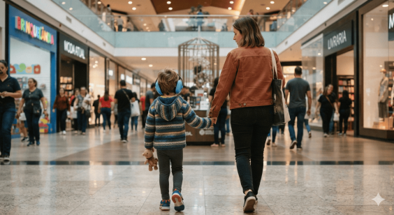 Criança e mulher passeiam em centro de compras. A criança usa um abafador de ruído