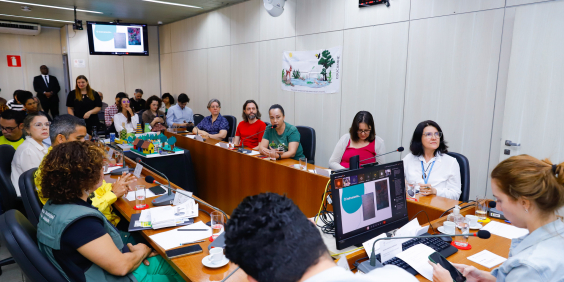 Vereadora Luiza Dulci e convidados em torno da Mesa do Plenário Camil Caram e ao fundo, pessoas acompanham da plateia.