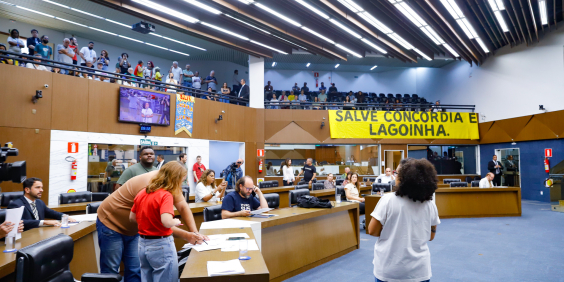 Vereadores durante reunião sobre o projeto com população presente nas galerias ao fundo