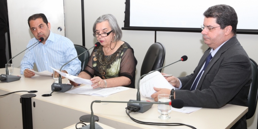 Elvis Côrtes, Elaine Matozinhos (presidente) e Tarcísio Caixeta apreciam pauta da comissão (Foto: Rafael Aguiar) 