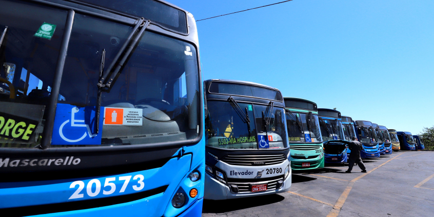 Dez ônibus enfileirados, estacionados em diagonal, com homem verificando a parte da frente de um deles, durante o dia.