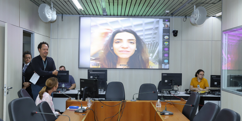 Imagem do Plenário amil CAram. A vereadora Professora Marli está sentada à mesa olhando para a imagem da vereadora Marcela Trópia, no telão