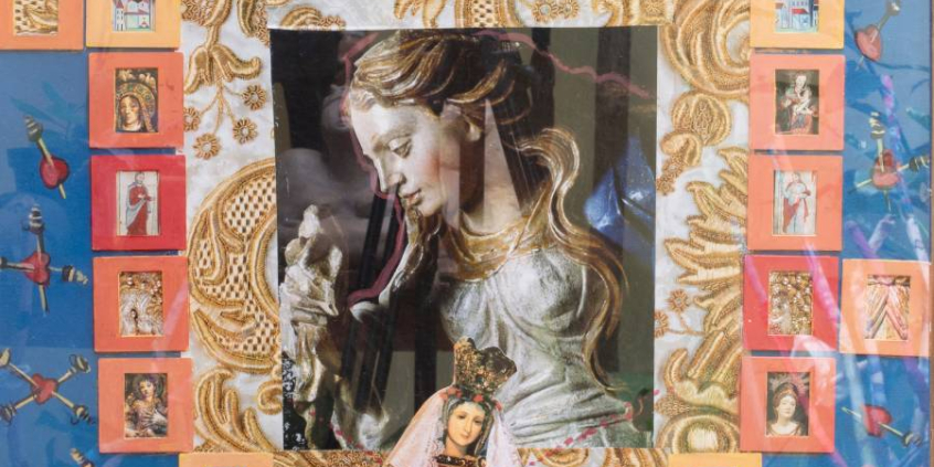 Colagem com diversas imagens de nossa senhora e texturas