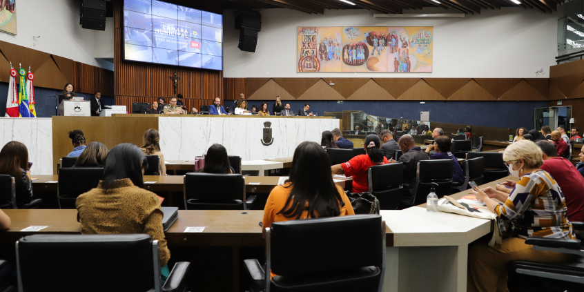 Vereadores, convidados e público no Plenário Amintas de Barros