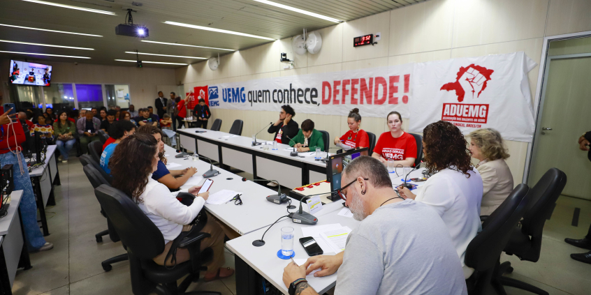 Vereadores e convidados no Plenário Helvécio Arantes, com faixas afixadas nas paredes