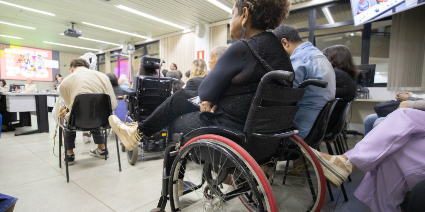 plateia assiste a evento na câmara com foco em mulher cadeirante vista de trás