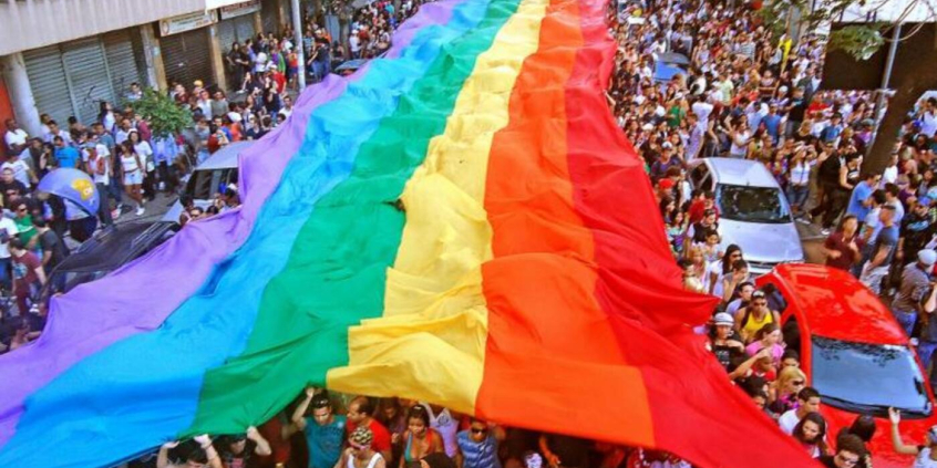 participantes da parada lgbt carregam bandeira com as cores do movimento