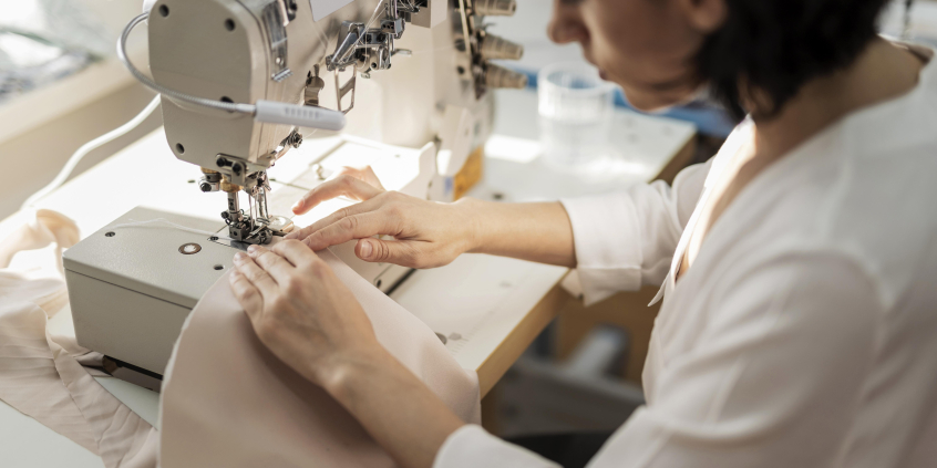 mulher opera máquina de costura