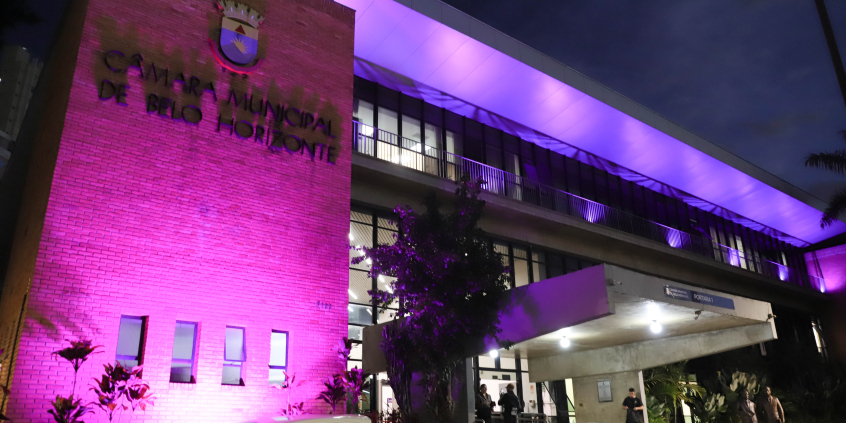 fachada da câmara municipal iluminada na cor lilás