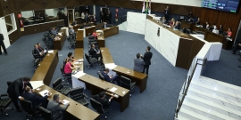 Vista superior do Plenário Amynthas de Barros. Parlamentares ocupam seus lugares durante reunião plenária
