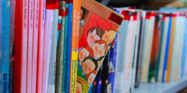 Livros didáticos em prateleira de biblioteca