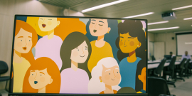 Sala da CMBH com telão mostrando arte gráfica com ilustrações de diversas mulheres de etnias diferentes.