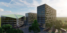 Projeto do complexo com três edifícios altos e espelhados