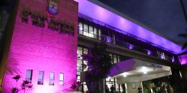 fachada da câmara municipal iluminada na cor lilás