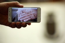 Imagem na tela de um celular de mãos caucasianas, com marcas do tempo, postas sobre o colo  