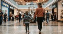 criança e mãe de mãos dadas caminham em corredor de shopping